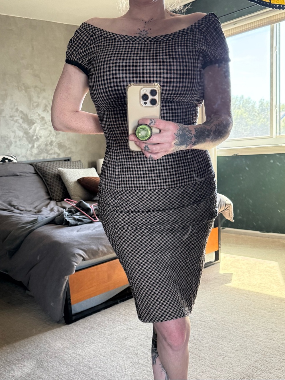 Nina Ricci Gingham Midi Dress in Black and Cream